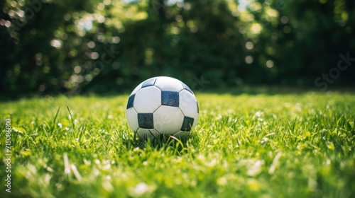  a soccer ball sitting in the middle of a field of green grass with trees in the background.