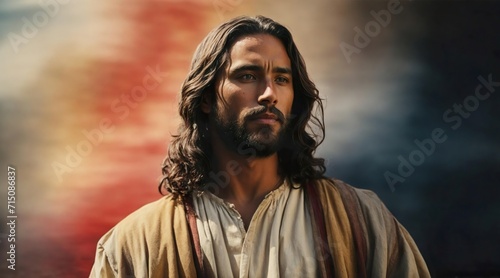 Easter Portrait of Jesus christ with colorful background. Generative AI.