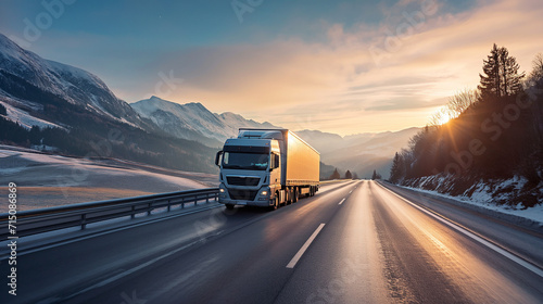 A semi truck speeds along a mountainous highway at sunset, showcasing a blend of industry and natural beauty in winter..