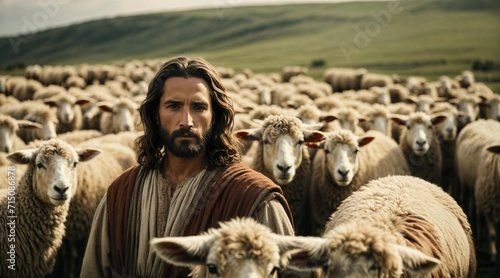 Jesus Christ and his disciples tending a flock of sheep. Generative AI.