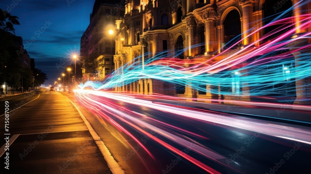  a blurry photo of a street at night with a building in the background and lights streaking across the street.