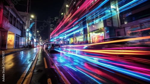  a city street filled with lots of traffic next to tall buildings with neon lights on the side of the street.