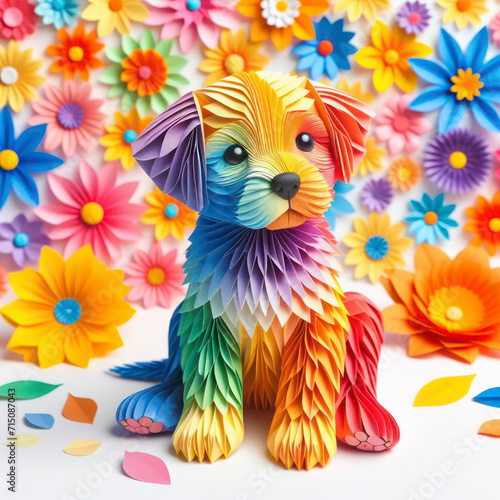 Discover the enchantment of Kirigami with a vibrant  colorful puppy set against a flower-filled background. Isolated in pristine white  this image captures the essence of playful elegance