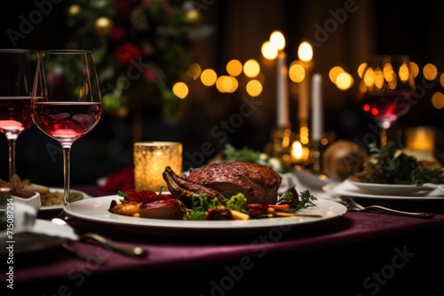  a table topped with a plate of food and a glass of wine next to a plate with a turkey on it.