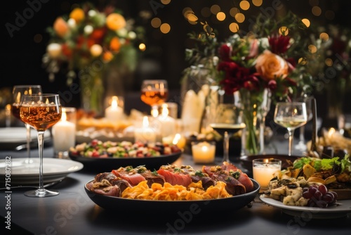  a table topped with plates of food and a glass of wine next to a vase filled with flowers and candles.