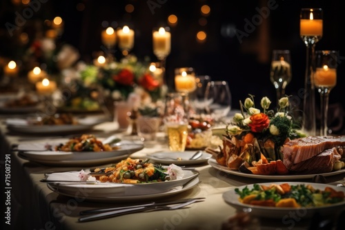  a table topped with lots of plates of food next to a candle lit room filled with candles and plates of food.