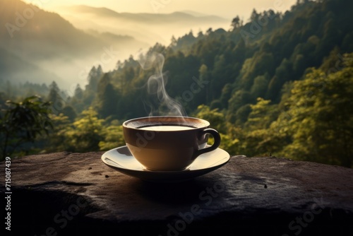  a cup of coffee sitting on top of a wooden table with a view of mountains and trees in the background.
