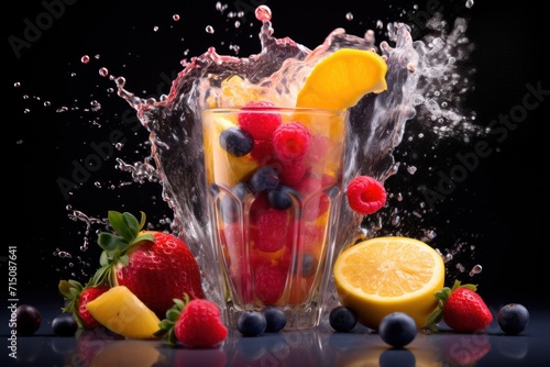  a glass filled with fruit and a splash of water on top of the glass with the fruit inside of it.