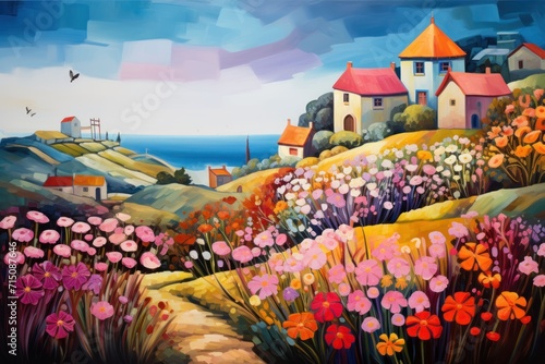  a painting of a house on a hill with flowers in the foreground and a bird flying in the background.