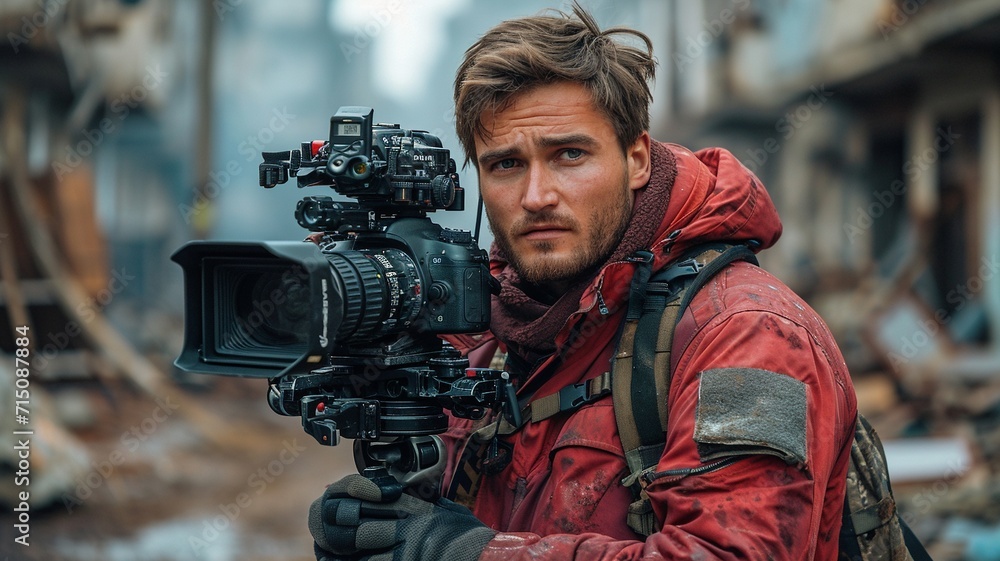 War reporter broadcasting live from a conflict zone, generative ai. War reporter broadcasting live from a conflict zone, generative ai.