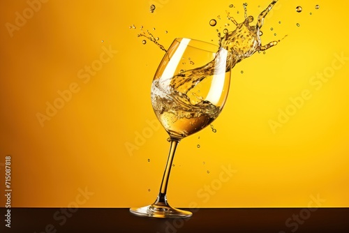  a glass of wine with water splashing out of it on a yellow background with a splash of water on the glass.