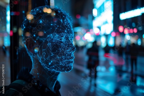 Ai identify person technology for recognize, classify and predict human behavior for safety. Futuristic artificial intelligence. Surveillance and data collection of citizens through city cameras photo