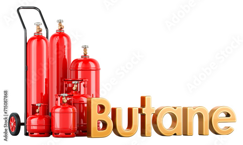 Set of butane gas cylinders with hand truck, 3D rendering isolated on transparent background photo