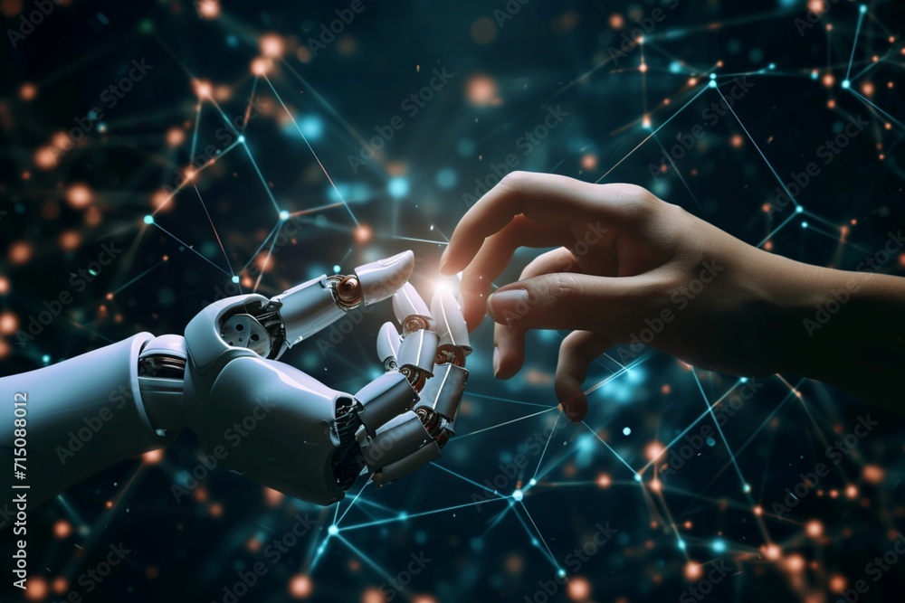 AI, Machine learning, Hands of robot and human touching on big data ...