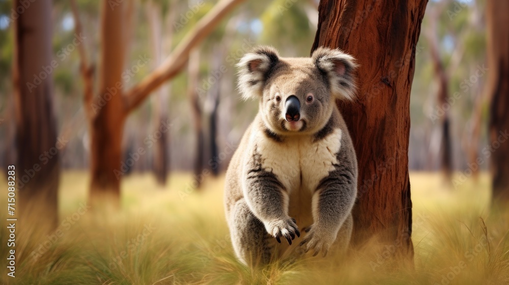 a koala standing on its hind legs in a tree in the middle of a grassy area with trees in the background. a koala standing on its hind legs in a tree in the middle of a grassy area with trees in the background.