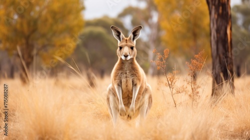  a close up of a kangaroo in a field of tall grass with trees in the background and a blurry sky in the background. © Nadia