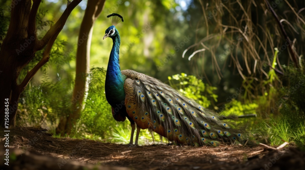 a peacock standing in the middle of a forest with its feathers spread out and it's head turned to the side. a peacock standing in the middle of a forest with its feathers spread out and it's head turned to the side.