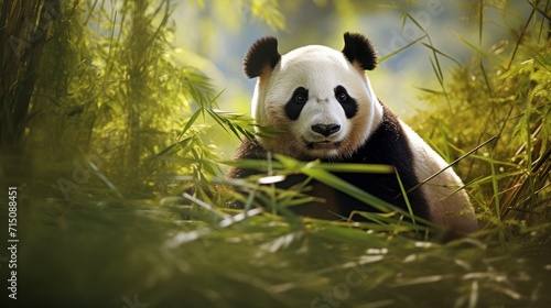  a panda bear sitting on top of a lush green grass covered forest filled with lots of tall green plants and tall grass.