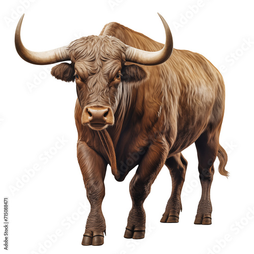 Bull isolated on a white or transparent background. Close-up of a bull with horns hanging or falling. A design element to be inserted into a design or project.