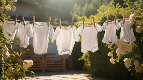  a line of baby ones hanging on a clothes line with flowers in the foreground and a house in the background.