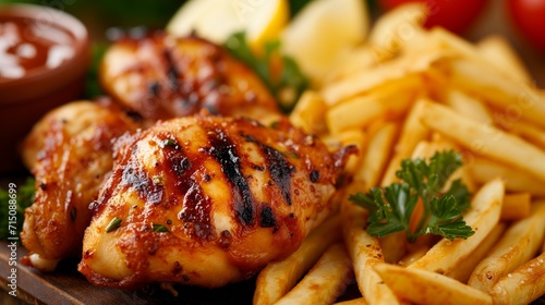 Close-up of succulent grilled chicken breasts served with golden fries photo