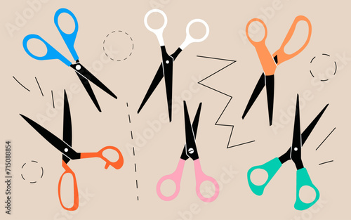  Set of diferent colored scissors vector. Scissor icon in cartoon and flat style. Open cutting or nippers. Vector illustration. photo