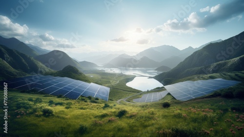  a group of solar panels sitting on top of a lush green hillside next to a lake in the middle of a valley.