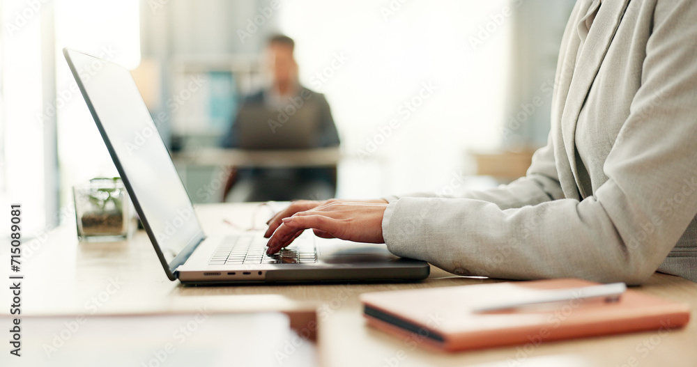 Hands of woman at desk, laptop and typing in coworking space, research and online schedule at consulting agency. Office, admin business and girl at computer writing email review, feedback or report. Hands of woman at desk, laptop and typing in coworking space, research and online schedule at consulting agency. Office, admin business and girl at computer writing email review, feedback or report.