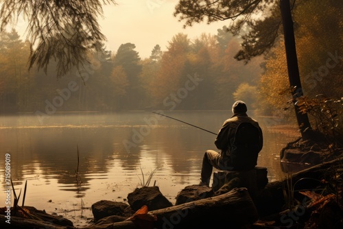  a man sitting on a log fishing on a lake with a foggy sky in the background and trees in the foreground.