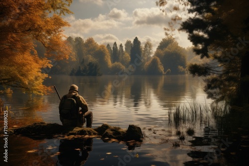  a man sitting on a rock next to a body of water with a fishing pole in his hand and trees in the background.