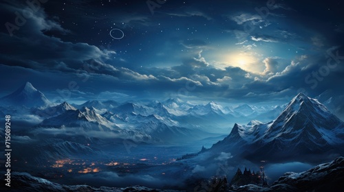  a painting of a mountain range at night with the moon in the sky and stars in the sky above it.