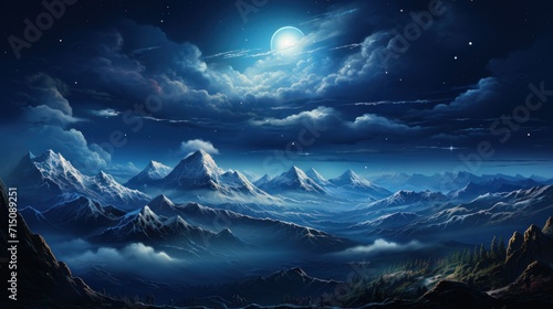  a painting of a mountain range at night with a full moon in the sky and stars in the night sky. © Nadia