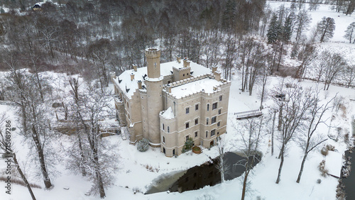 Karpniki Castle in winter scenery, Poland.