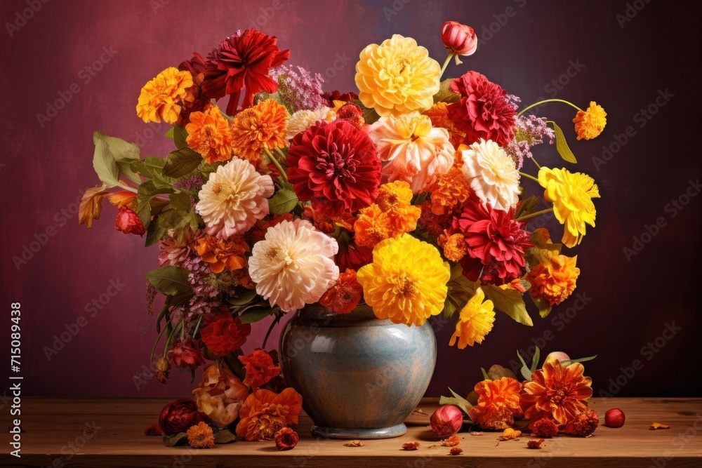 a vase filled with lots of colorful flowers on top of a wooden table next to a pile of dried flowers. a vase filled with lots of colorful flowers on top of a wooden table next to a pile of dried flowers.