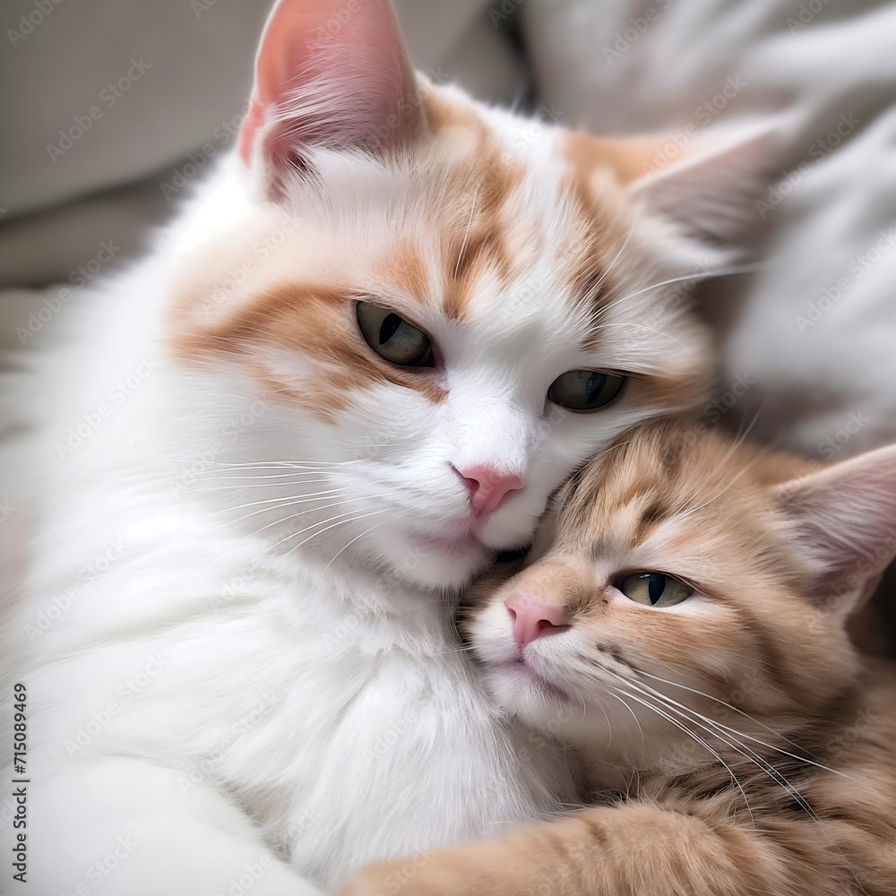 mother cat hugging a cute baby kitten. 