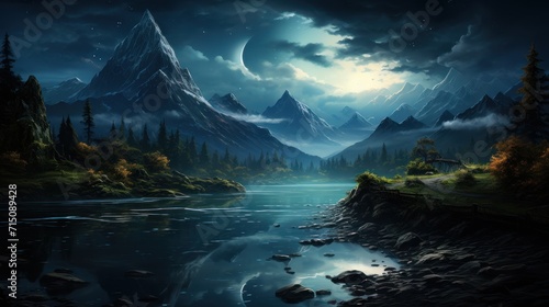  a painting of a night scene with mountains and a river in the foreground and a full moon in the background.