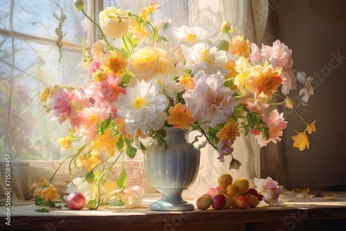  a painting of flowers in a vase on a window sill with fruit and flowers in front of a window.