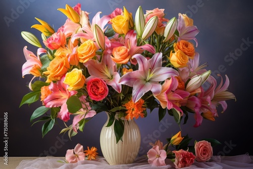  a white vase filled with lots of colorful flowers on top of a table next to a bouquet of flowers on top of a table.