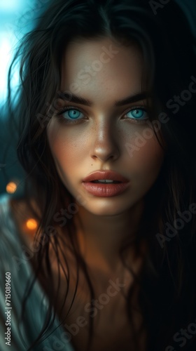 Full body picture of a dark haired woman with stunning blue eyes. full body. cinematic lighting. dim theme, close-up view