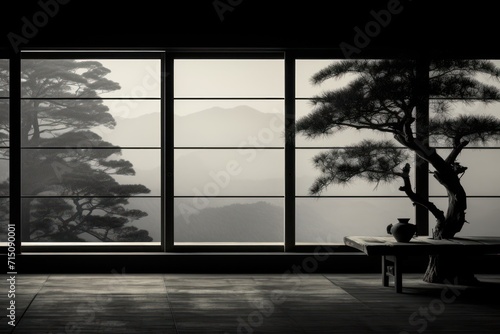  a black and white photo of a bonsai tree in front of a window with a view of the mountains.
