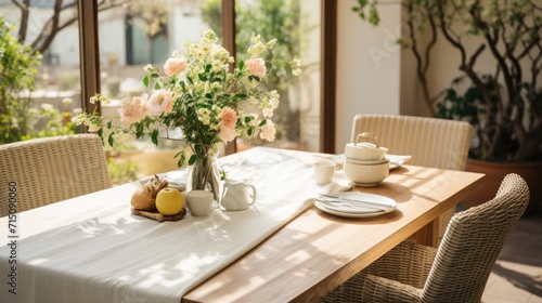  a table with a vase of flowers on top of it next to a table with plates and cups on it.