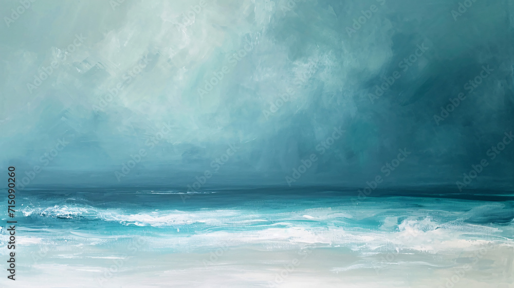 Abstract panoramic seascape painting in calming shades of turquoise and white. Acrylic on canvas depicting a serene ocean horizon, ideal for spacious wall decor
