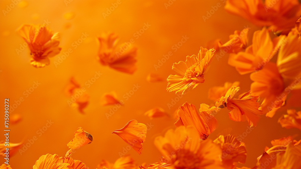 Golden marigold petals descending against a warm, orange canvas, falling flower petals, Valentine's Day, dynamic and dramatic compositions, with copy space Golden marigold petals descending against a warm, orange canvas, falling flower petals, Valentine's Day, dynamic and dramatic compositions, with copy space