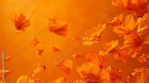 Golden marigold petals descending against a warm, orange canvas, falling flower petals, Valentine's Day, dynamic and dramatic compositions, with copy space