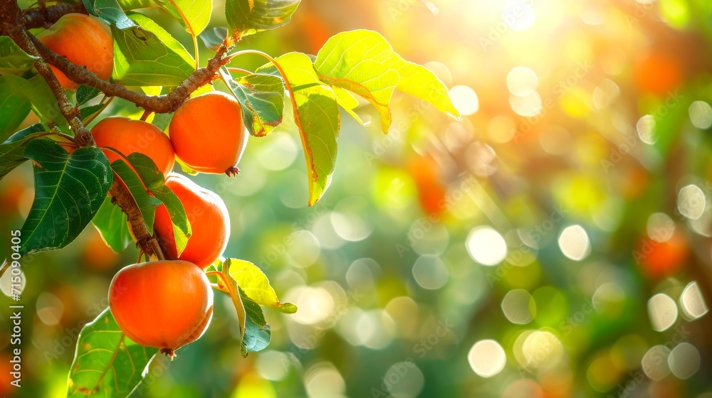 Ripe persimmons hanging from the tree. Vibrant orange color of the fruit against the green leaves, with sunlight. Concepts of beauty of nature, fresh fruit, healthy snack, natural food. Copy space Ripe persimmons hanging from the tree. Vibrant orange color of the fruit against the green leaves, with sunlight. Concepts of beauty of nature, fresh fruit, healthy snack, natural food. Copy space