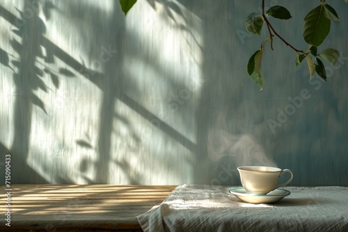 A steaming cup of tea on a table with shadows from a window. With copy space. Concept of tranquility, calmness, morning routine, and natural ambiance. photo