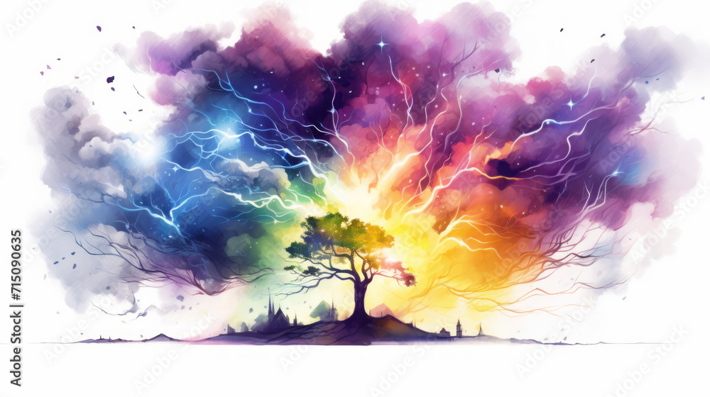 Whimsical watercolor tree amidst a vivid storm of rainbow hues and lightning strikes. Concepts of nature art, watercolour landscape, vibrant tree, stormy sky.