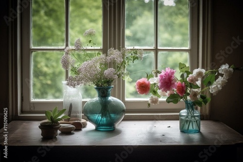 A vase of flowers on a table near a window, with another vase of flowers in front of it and one more in front of the window, accompanied by leaves. Generative AI