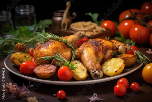  a plate of roasted chicken, potatoes, tomatoes, and a sprig of parsley on a table.