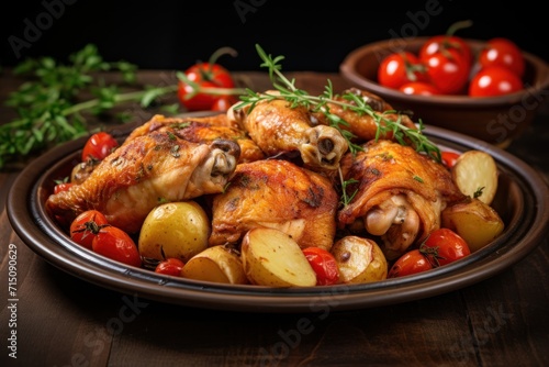 a close up of a plate of chicken with potatoes and tomatoes on a table with a bowl of tomatoes in the background.